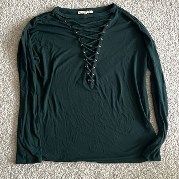 Express One-Eleven Green Lace Up Long Sleeve Top - Picture 3 of 5